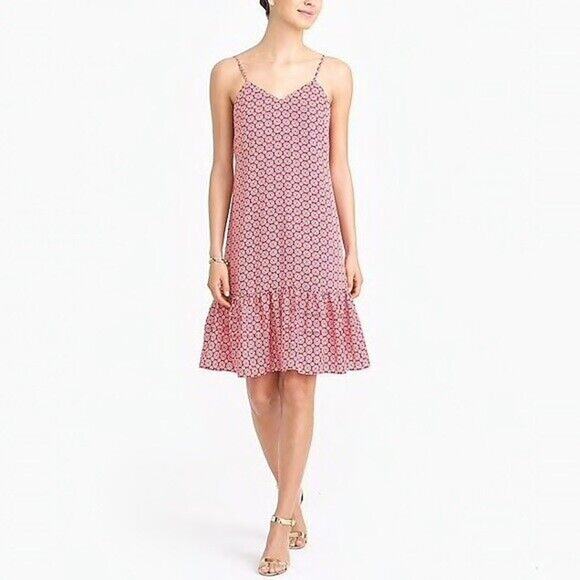 J Crew Ruffle Hem Dress Womens 0 Red Printed Spaghetti Drop Waist Knee Length - Picture 1 of 16